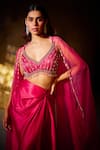 Shop_Divya Aggarwal_Fuchsia Heavy Satin Embellished Beads Leaf Neck Rose Border Cape Skirt Set _Online_at_Aza_Fashions