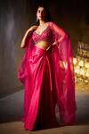 Divya Aggarwal_Fuchsia Heavy Satin Embellished Beads Leaf Neck Rose Border Cape Skirt Set _at_Aza_Fashions