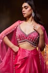 Shop_Divya Aggarwal_Fuchsia Heavy Satin Embellished Beads Leaf Neck Rose Border Cape Skirt Set _at_Aza_Fashions