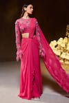 Buy_Divya Aggarwal_Fuchsia Saree Georgette Embellished Feather Diana Blouse And Pre-draped Set _at_Aza_Fashions