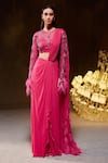 Buy_Divya Aggarwal_Fuchsia Saree Georgette Embellished Feather Diana Blouse And Pre-draped Set _Online_at_Aza_Fashions