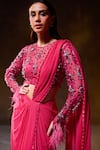 Shop_Divya Aggarwal_Fuchsia Saree Georgette Embellished Feather Diana Blouse And Pre-draped Set _at_Aza_Fashions