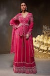 Buy_Divya Aggarwal_Fuchsia Lightweight Organza Embellished Pearls V Neck Teigen Jacket Sharara Set _at_Aza_Fashions