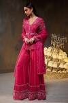 Buy_Divya Aggarwal_Fuchsia Lightweight Organza Embellished Pearls V Neck Teigen Jacket Sharara Set _Online_at_Aza_Fashions