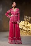 Shop_Divya Aggarwal_Fuchsia Lightweight Organza Embellished Pearls V Neck Teigen Jacket Sharara Set _Online_at_Aza_Fashions