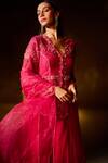 Shop_Divya Aggarwal_Fuchsia Lightweight Organza Embellished Pearls V Neck Teigen Jacket Sharara Set _at_Aza_Fashions