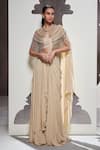 Buy_Divya Aggarwal_Beige Foil Georgette Embellished Pearls Cape Tatiana Pre-draped Saree Set With _at_Aza_Fashions