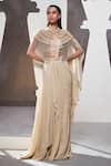 Divya Aggarwal_Beige Foil Georgette Embellished Pearls Cape Tatiana Pre-draped Saree Set With _at_Aza_Fashions