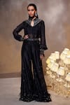 Buy_Divya Aggarwal_Black Chanderi Silk Embellished Feather Stand Collar Amore Shirt Pant Set _at_Aza_Fashions