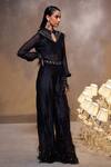 Buy_Divya Aggarwal_Black Chanderi Silk Embellished Feather Stand Collar Amore Shirt Pant Set _Online_at_Aza_Fashions