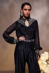 Divya Aggarwal_Black Chanderi Silk Embellished Feather Stand Collar Amore Shirt Pant Set _at_Aza_Fashions