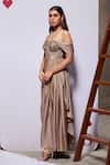 Shop_Divya Aggarwal_Beige Royal Georgette Foil Embellished Floral One Shoulder Martha Draped Gown _Online_at_Aza_Fashions