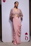 Divya Aggarwal_Pink Georgette, Organza Bridget Pre-draped Saree Set With Embellished Jacket _at_Aza_Fashions
