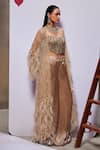 Buy_Divya Aggarwal_Beige Corset And Pant Silk Heavy Organza Embellished Feather Grace Cape & Set _Online_at_Aza_Fashions