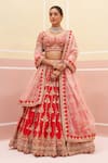 Angad Singh_Red Raw Silk Embroidered Vintage Stripe Pattern Bridal Lehenga Set _Online_at_Aza_Fashions