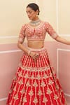 Angad Singh_Red Raw Silk Embroidered Vintage Stripe Pattern Bridal Lehenga Set _at_Aza_Fashions