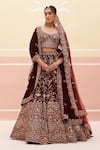 Buy_Angad Singh_Maroon Velvet Embroidered Zardozi Leaf Floral Bridal Lehenga Set _at_Aza_Fashions