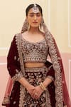 Angad Singh_Maroon Velvet Embroidered Zardozi Leaf Floral Bridal Lehenga Set _Online_at_Aza_Fashions