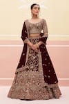 Buy_Angad Singh_Maroon Velvet Embroidered Zardozi Leaf Floral Bridal Lehenga Set _Online_at_Aza_Fashions