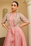 Osaa by Adarsh_Pink Organza Embroidery Zardozi Round Neck Floral Jacket With Dress _Online_at_Aza_Fashions