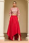 Buy_Osaa by Adarsh_Red Mulberry Silk Embroidery Zardozi Round Floral Top With Skirt  _at_Aza_Fashions