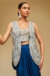 Osaa by Adarsh_Blue Mulberry Silk Embroidery Zardozi Top Floral Paisley Jacket Skirt Set_Online_at_Aza_Fashions