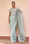 Buy_Osaa by Adarsh_Blue Tissue Embroidery Zardozi Broad V Neck Saree With Blouse  _at_Aza_Fashions