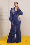 Shop_Miku Kumar_Blue Georgette Embroidery Sequin Rabia Placement Jacket Palazzo Set _Online_at_Aza_Fashions