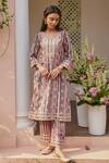 Shop_Mulmul_Pink 100% Pure Mulmul Printed Striped Notched Avasa Kurta Pant Set _at_Aza_Fashions