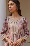 Mulmul_Pink 100% Pure Mulmul Printed Striped Notched Avasa Kurta Pant Set _Online_at_Aza_Fashions