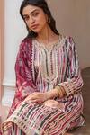 Mulmul_Pink 100% Pure Mulmul Printed Striped Notched Avasa Kurta Pant Set _at_Aza_Fashions