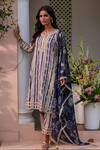 Shop_Mulmul_Blue 100% Pure Mulmul Printed Striped Avasa Kurta Set With Dupatta _at_Aza_Fashions