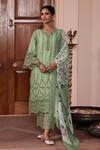 Buy_Mulmul_Green 100% Pure Mulmul Cutwork Floral V Neck Vachi Kurta And Pant Set _at_Aza_Fashions