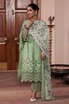 Shop_Mulmul_Green 100% Pure Mulmul Cutwork Floral V Neck Vachi Kurta And Pant Set _at_Aza_Fashions