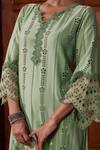 Shop_Mulmul_Green 100% Pure Mulmul Cutwork Floral V Neck Vachi Kurta And Pant Set _Online_at_Aza_Fashions