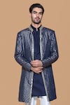 Sanjev Marwaaha_Blue Chanderi Brocade Embellished Mirrorwork 3d Applique Jacket Kurta Set _Online_at_Aza_Fashions