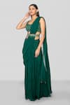 Buy_Sanjev Marwaaha_Emerald Green Modal Embroidered Zardozi And Stone Blouse & Pre-draped Saree Set_at_Aza_Fashions