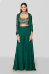 Buy_Sanjev Marwaaha_Emerald Green Modal Embroidered Zari Jacket Open Bead Blouse Sharara Set _at_Aza_Fashions