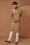 Buy_Kasbah_Beige Silk Embroidered Thread Mirror Work Mandarin Collar Kurta And Pant Set _at_Aza_Fashions