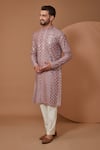 Buy_Kasbah_Purple Silk Embroidered Thread Mirror Work Mandarin Collar Kurta And Pant Set _at_Aza_Fashions