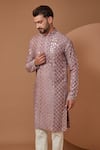 Kasbah_Purple Silk Embroidered Thread Mirror Work Mandarin Collar Kurta And Pant Set _Online_at_Aza_Fashions