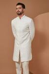 Buy_Kasbah_White Silk Embroidery Thread Work Sherwani Set _Online_at_Aza_Fashions