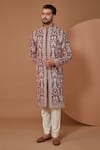 Buy_Kasbah_Maroon Velvet, Cotton Embroidery Jamawar Sherwani Set _at_Aza_Fashions