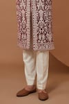 Kasbah_Maroon Velvet, Cotton Embroidery Jamawar Sherwani Set _Online_at_Aza_Fashions