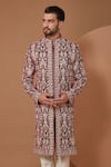 Buy_Kasbah_Maroon Velvet, Cotton Embroidery Jamawar Sherwani Set _Online_at_Aza_Fashions