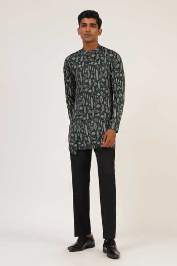 Dhruv Vaish_Green Viscose, Satin Embroidery Bottle Floral Print Kurta Set _Online_at_Aza_Fashions