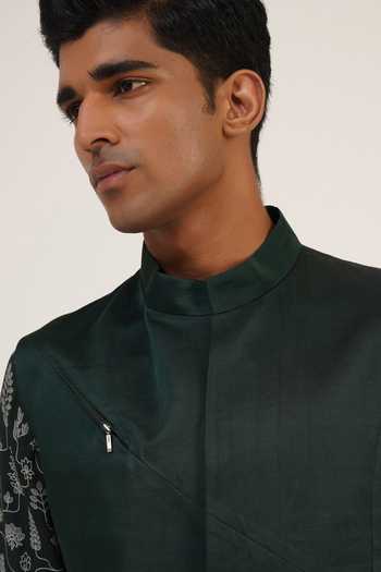 Dhruv Vaish_Green Viscose, Satin Embroidery Bottle Floral Print Kurta Set _at_Aza_Fashions
