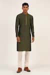 Buy_Dhruv Vaish_Green Modal, Satin Embroidery Cotton Silk Neckline Kurta Set _at_Aza_Fashions