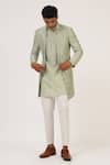 Buy_Dhruv Vaish_Green Silk Embroidery Zari Stripe Sherwani Set  _at_Aza_Fashions