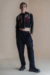 Buy_Anurag Gupta_Black Banana Crepe Printed Floral High Collar Bomber Jacket And Pant Set  _at_Aza_Fashions